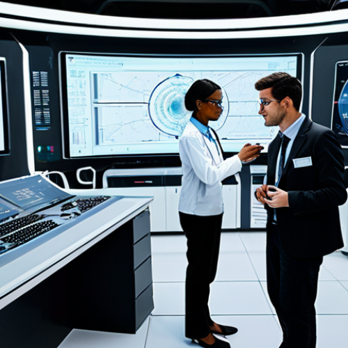 Home 4 **Prompt for Technical Challenges:**
A professional team of diverse engineers, both male and female, collaborating in a high-tech control room or a futuristic laboratory. They are wearing professional work attire, including clean lab coats and business casual, fully clothed, modest clothing, appropriate attire. The background features holographic displays showing complex schematics of a Hyperloop tube system, detailed vacuum pumps, and intricate magnetic levitation tracks. Monitors display real-time data and technical diagrams, emphasizing the colossal scale and intricate engineering challenges. Professional photography, high-resolution, detailed, realistic lighting, perfect anatomy, correct proportions, well-formed hands, proper finger count, natural body proportions, safe for work, appropriate content, family-friendly.