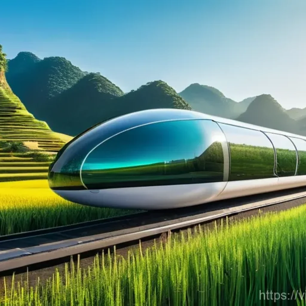 하이퍼루프의 지속 가능성 목표와 성과 - A sleek, futuristic Hyperloop pod, designed with minimalist aesthetics and vibrant accents, glides e...