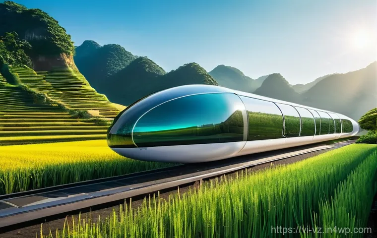 하이퍼루프의 지속 가능성 목표와 성과 - A sleek, futuristic Hyperloop pod, designed with minimalist aesthetics and vibrant accents, glides e...