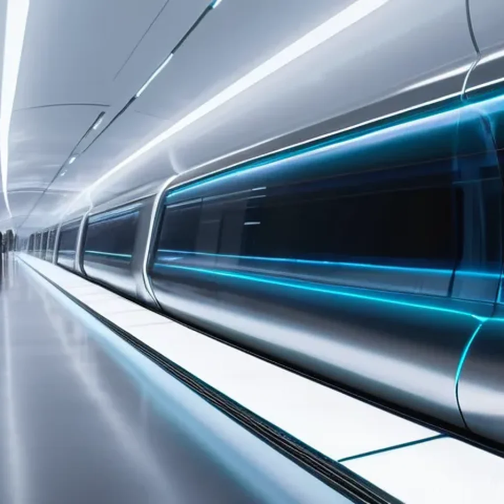 하이퍼루프 시스템의 인공지능 활용 사례 - A hyper-futuristic Hyperloop pod, designed with sleek, minimalist lines, traveling at incredible spe...