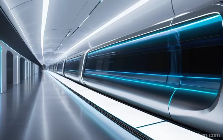 하이퍼루프 시스템의 인공지능 활용 사례 - A hyper-futuristic Hyperloop pod, designed with sleek, minimalist lines, traveling at incredible spe...