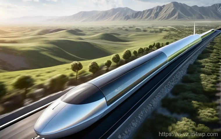 하이퍼루프 기술의 연구 및 개발 현황 - **Prompt:** A futuristic, high-angle shot of a Hyperloop system extending across a diverse landscape...