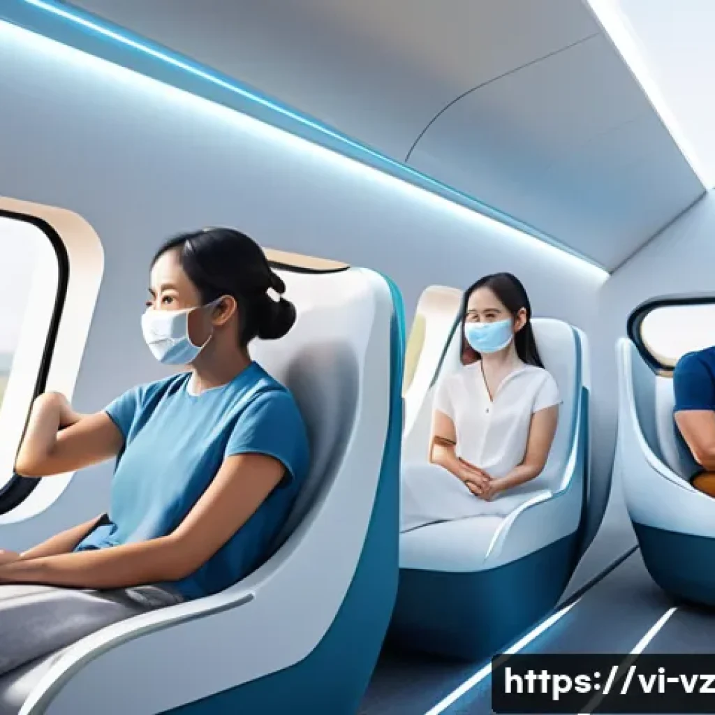 하이퍼루프 교통의 심리적 요소 분석 - A futuristic Hyperloop passenger cabin interior in Vietnam, spacious and modern design with soft nat...