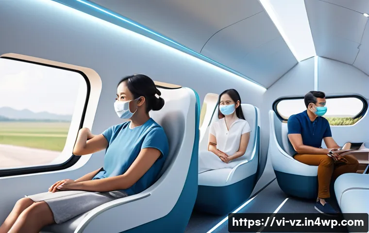 하이퍼루프 교통의 심리적 요소 분석 - A futuristic Hyperloop passenger cabin interior in Vietnam, spacious and modern design with soft nat...