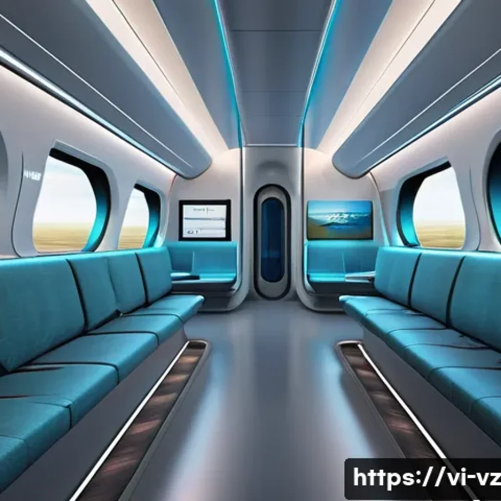 하이퍼루프 교통의 디자인 및 사용자 인터페이스 - A sleek, futuristic Hyperloop train interior designed for maximum passenger comfort, featuring spaci...