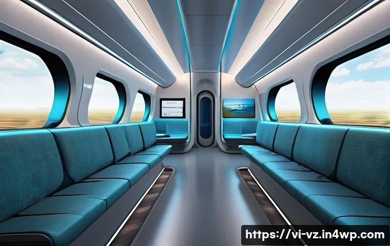 하이퍼루프 교통의 디자인 및 사용자 인터페이스 - A sleek, futuristic Hyperloop train interior designed for maximum passenger comfort, featuring spaci...