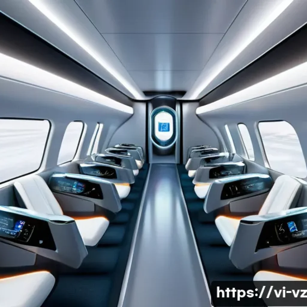 하이퍼루프 교통의 승객 안전성 이슈 - A futuristic Hyperloop passenger cabin interior designed as a sealed, pressurized environment with a...