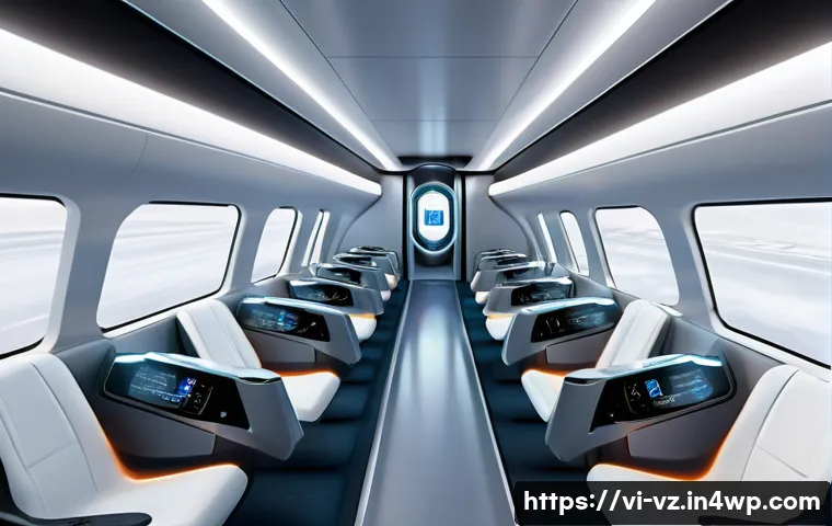 하이퍼루프 교통의 승객 안전성 이슈 - A futuristic Hyperloop passenger cabin interior designed as a sealed, pressurized environment with a...