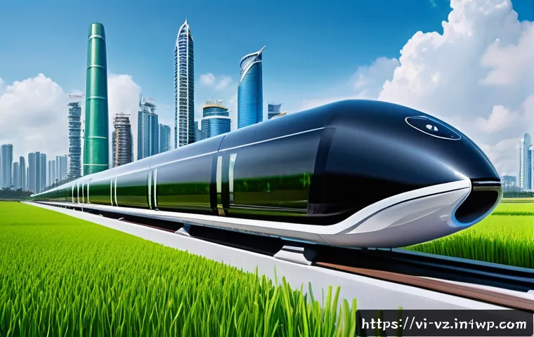 하이퍼루프 기술이 가져올 미래의 변화 - A futuristic Hyperloop pod speeding through a sleek vacuum tube connecting major Vietnamese cities l...