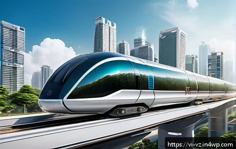 하이퍼루프와 대중교통 혁신의 경로 - A futuristic urban cityscape in Vietnam featuring a sleek Hyperloop train traveling inside a transpa...