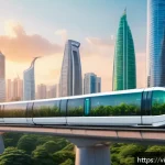 하이퍼루프 교통과 기존 교통 혼잡 문제 해결 - A futuristic Hyperloop train speeding through a sleek, elevated transparent vacuum tube above a bust...