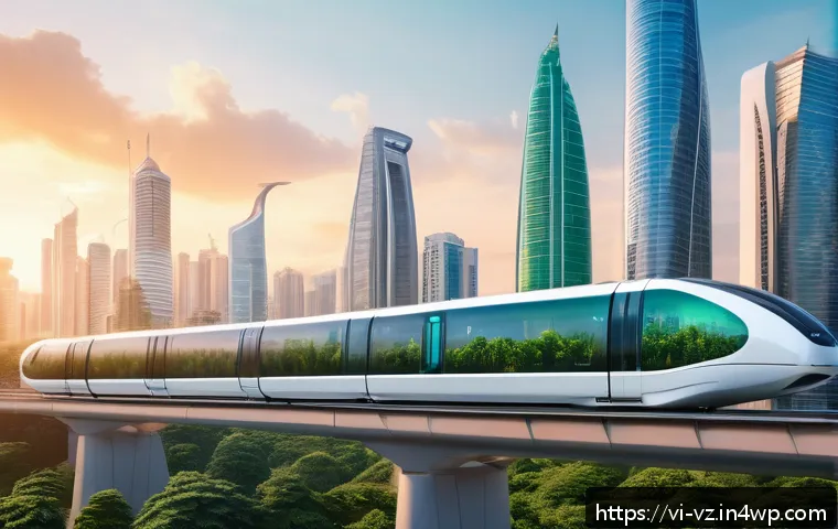 하이퍼루프 교통과 기존 교통 혼잡 문제 해결 - A futuristic Hyperloop train speeding through a sleek, elevated transparent vacuum tube above a bust...