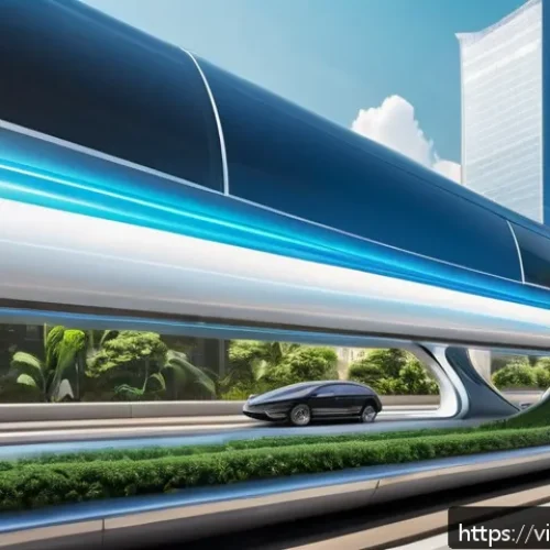 하이퍼루프 교통의 경제성 검토 - A futuristic Hyperloop train speeding through a modern Vietnamese cityscape during rush hour, featur...